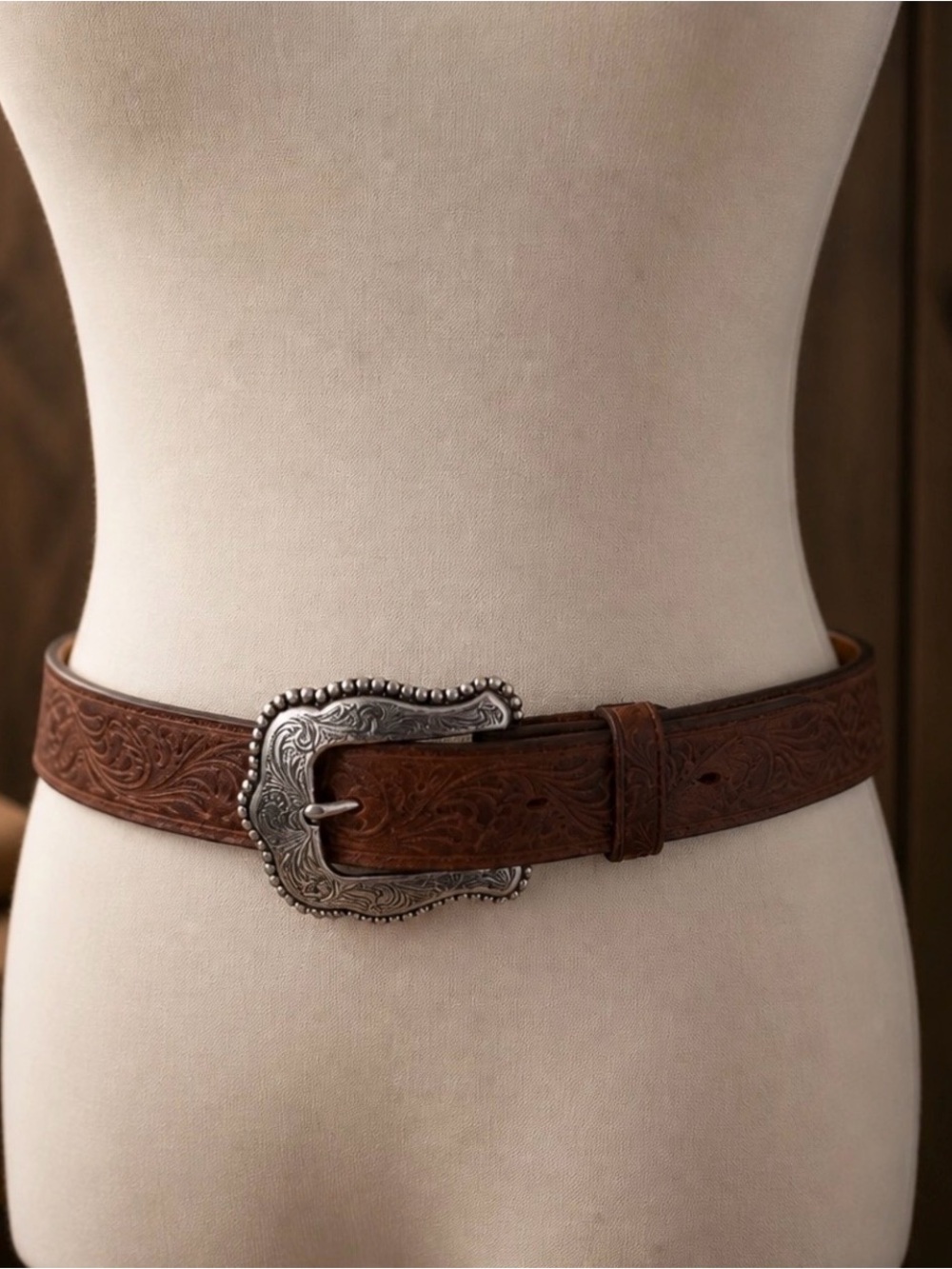 Tony Lama Brown Tooled Leather Western Belt Silver Buckle Size 30